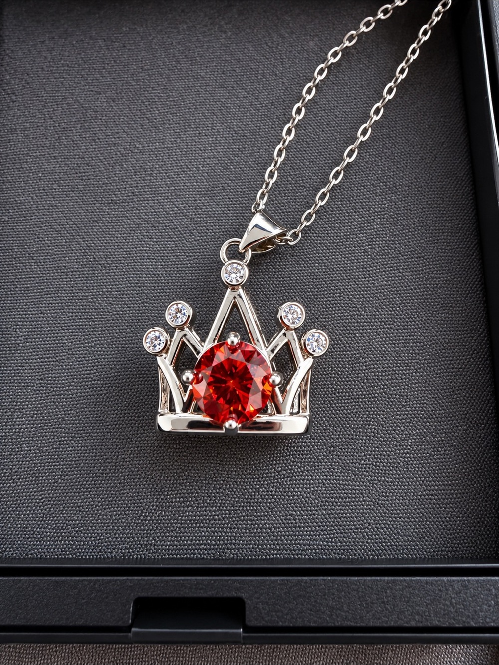 2 CT Red Moissanite Crown Pendant Necklace – 18K White Gold Plated – GRA